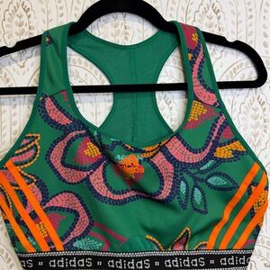 Adidas x FARM RIO 2X Green Floral Print Racerback Sports Bra Orange Logo